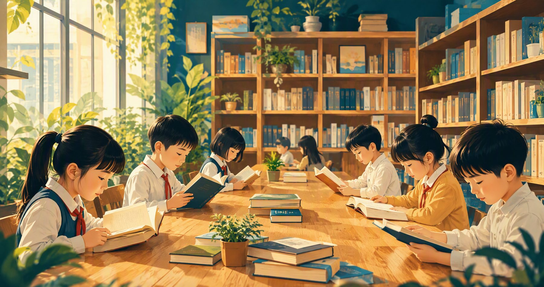 学生们在明亮的图书馆里静心阅读